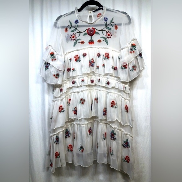 Zara White Ruffle Tiered Floral Embroidered Aztec Bloom Babydoll Dress Large - Picture 2 of 16